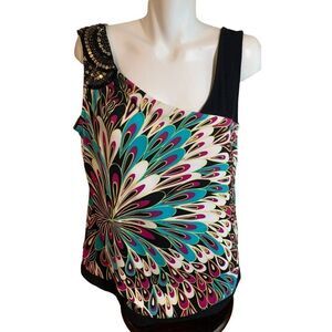 Nicole By Nicole Miller Tunic Top Peacock Print Asymmetric Neckline Large